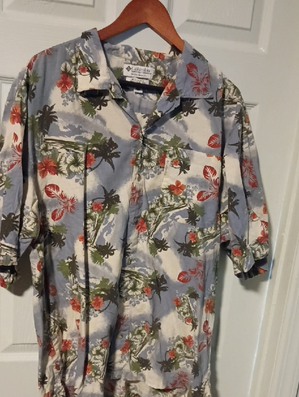 Columbia Light Blue and Cream Hawaiian Shirt with Red & Green Floral Print